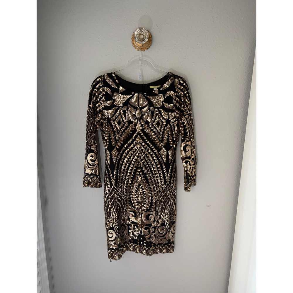 Gianni Bini Black Gold Art Deco Sequin Embellished Cocktail Dress